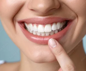 A woman pointing to her dental tooth bonding and smiling in Exton, PA