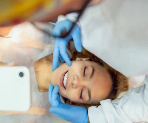 A dentist looking at a young female patient's newly applied porcelain veneers in Exton, PA